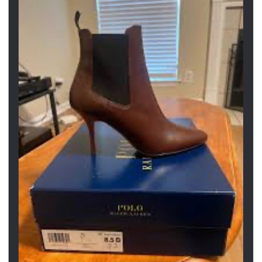 Lauren Ralph Lauren Verla Cognac Leather Pointed Toe Stiletto Ankle Boots 9.5B - Picture 5 of 10